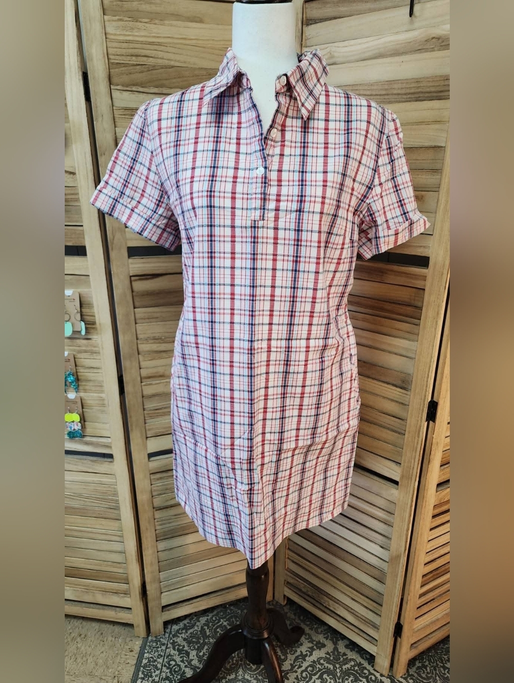 Lilly Pulitzer Plaid Shirt Dress Short Sleeve Cotton Preppy Red Blue Sz Large